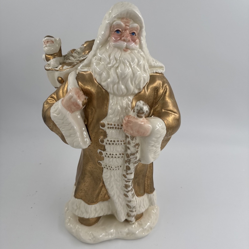 Santa Claus 11" Statute Figurine World Bazaar White‎ & Gold Holding Toy Bag Sack